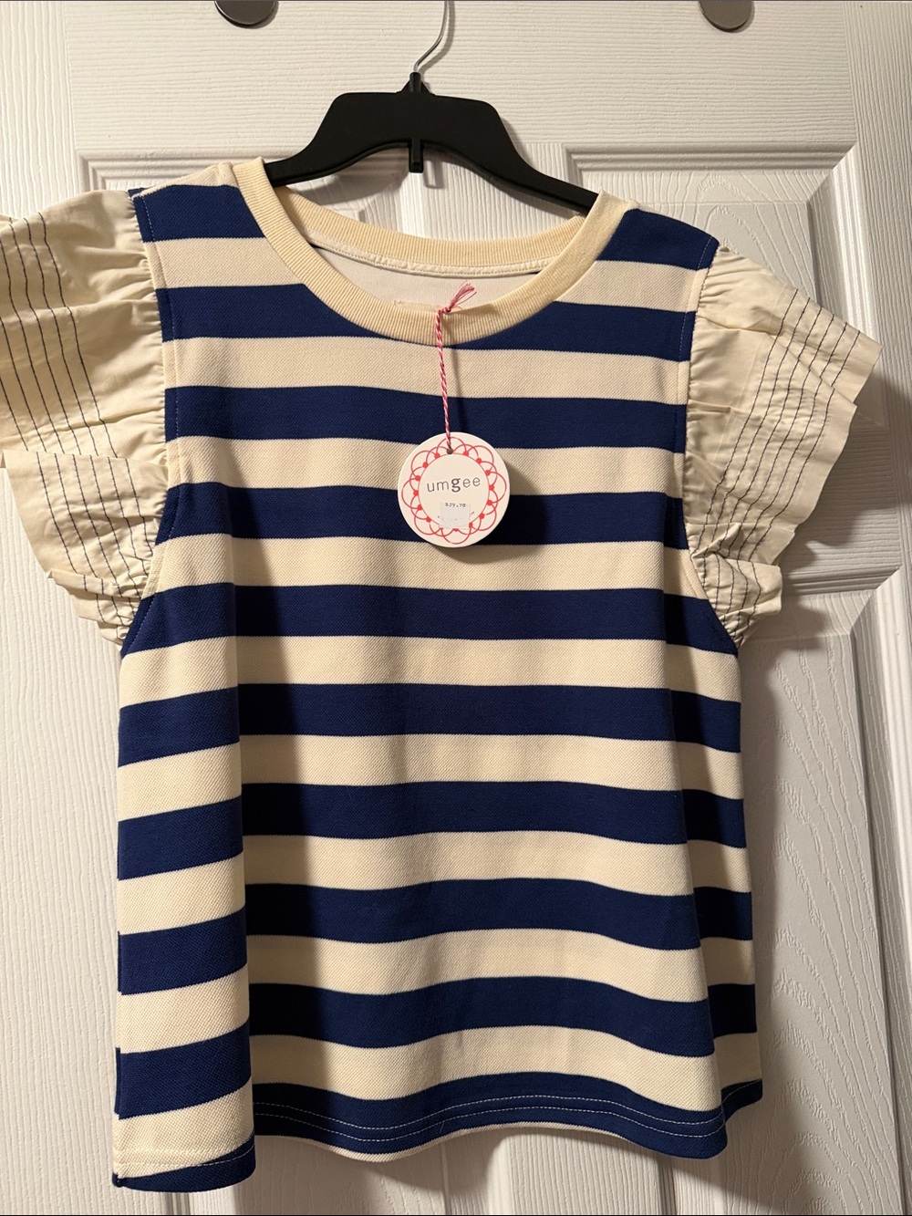 Umgee Navy and Cream Striped Flutter Sleeve Top